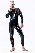 Black, trim color is Red Male 'Diamond' Latex Catsuit