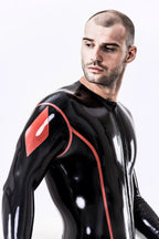 Black, trim color is Red Male 'Diamond' Latex Catsuit
