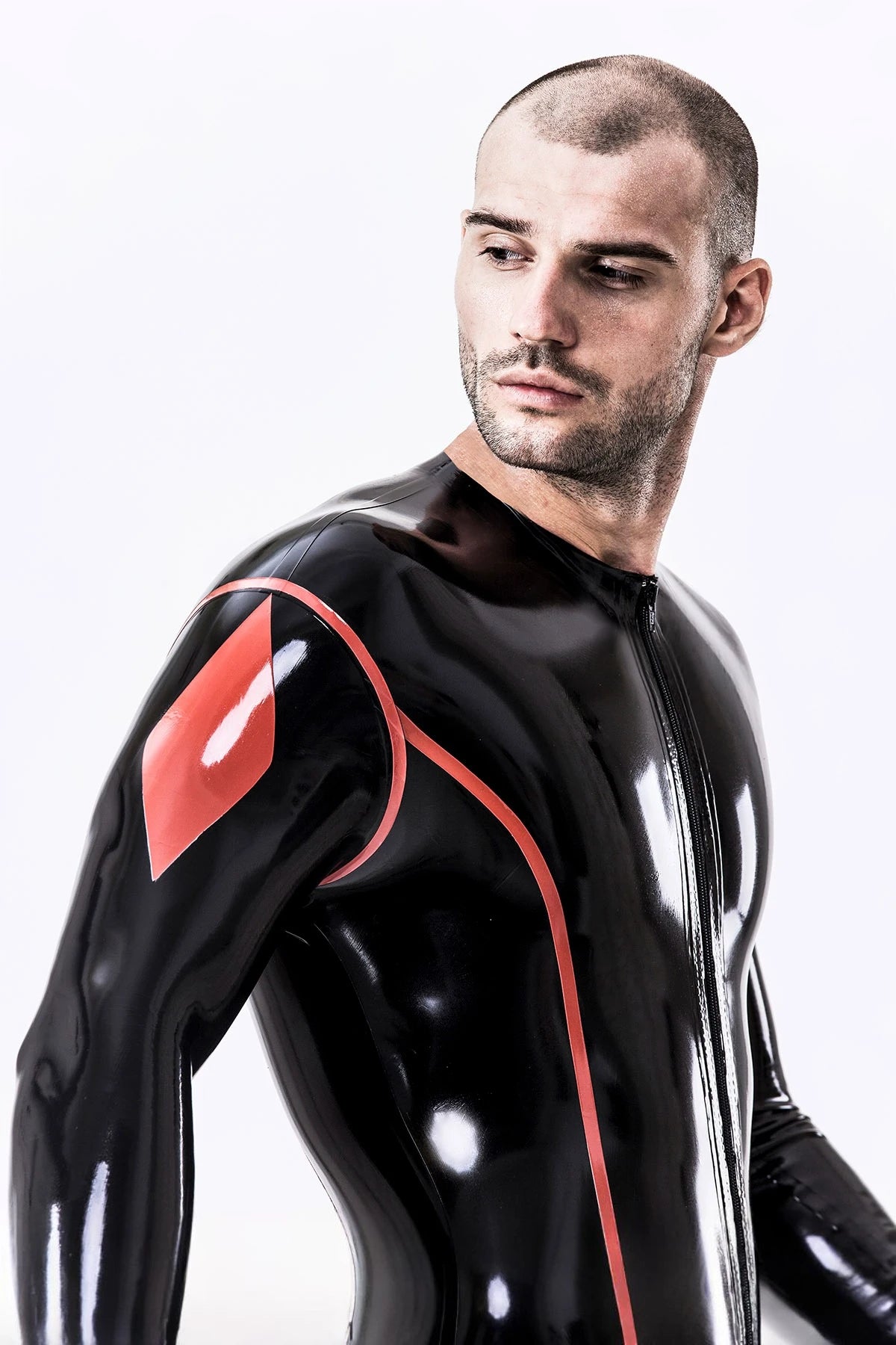 Black, trim color is Red Male 'Diamond' Latex Catsuit