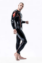 Black, trim color is Red Male 'Diamond' Latex Catsuit