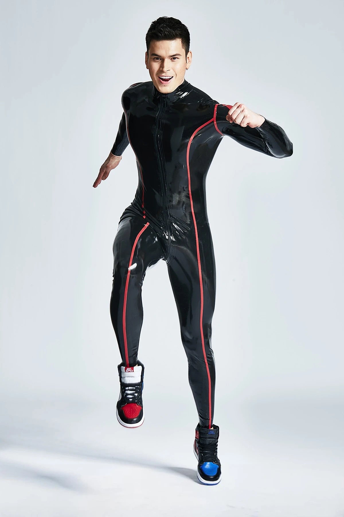 Black Male 'Diamond Dude' Front Through-Zipper Latex Catsuit