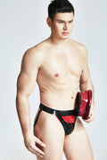 Black, trim color is Red Male Latex Dressy G-String