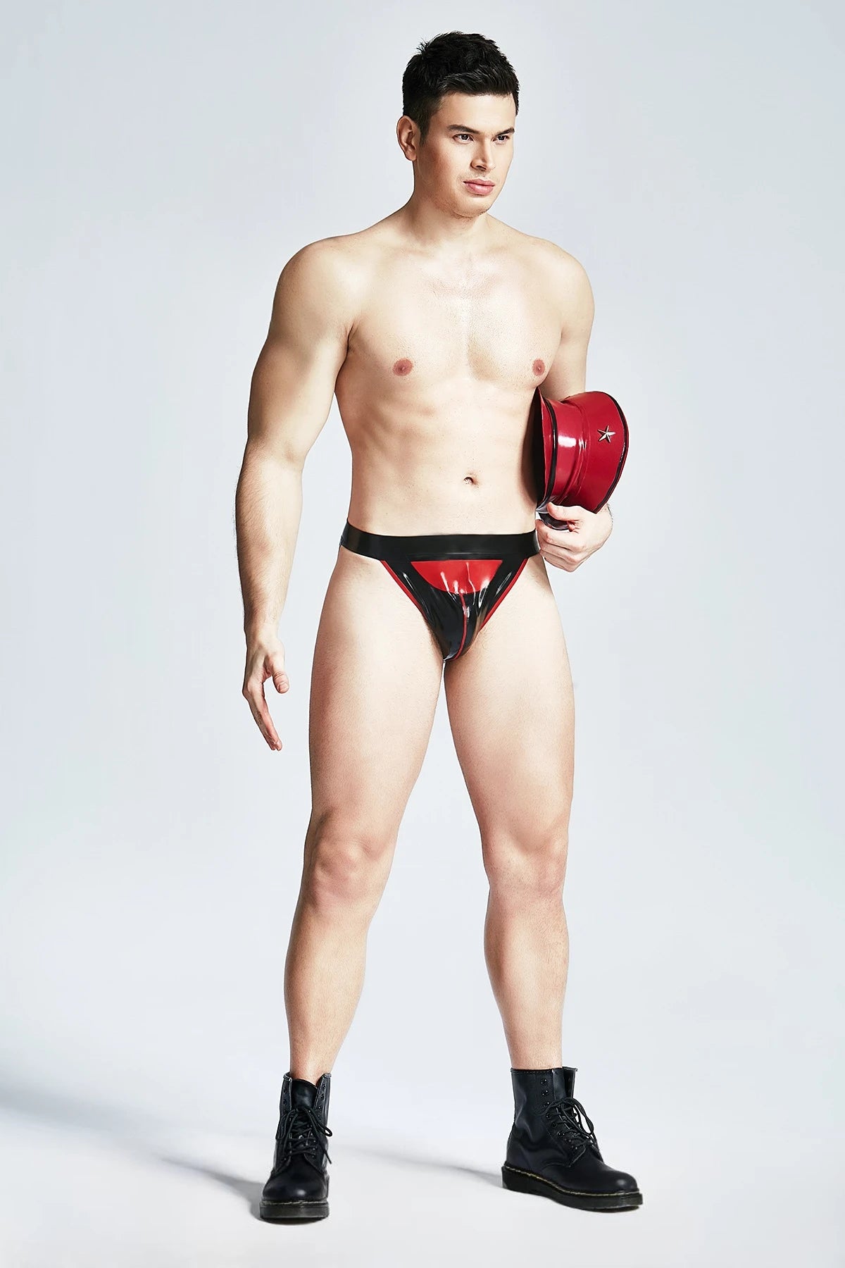 Black, trim color is Red Male Latex Dressy G-String
