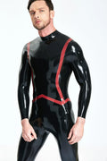 Black, trim color is Red Male 'Fishtail' Stripe Latex Catsuit