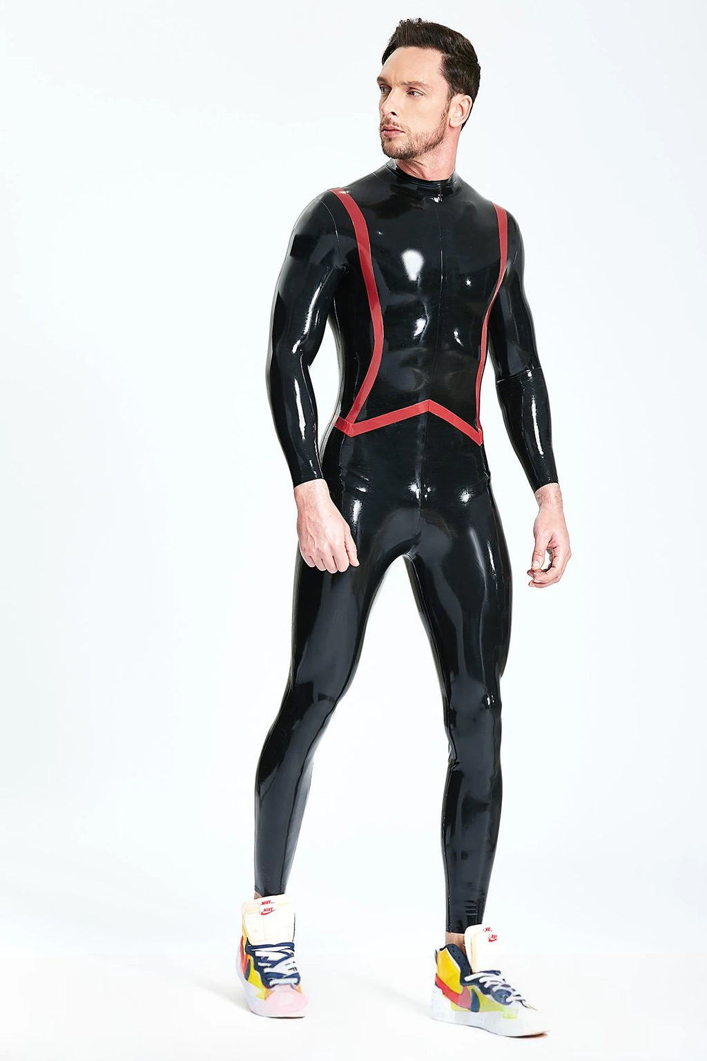 Black, trim color is Red Male 'Fishtail' Stripe Latex Catsuit