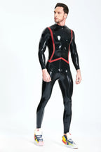 Black, trim color is Red Male 'Fishtail' Stripe Latex Catsuit