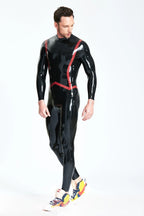 Black, trim color is Red Male 'Fishtail' Stripe Latex Catsuit
