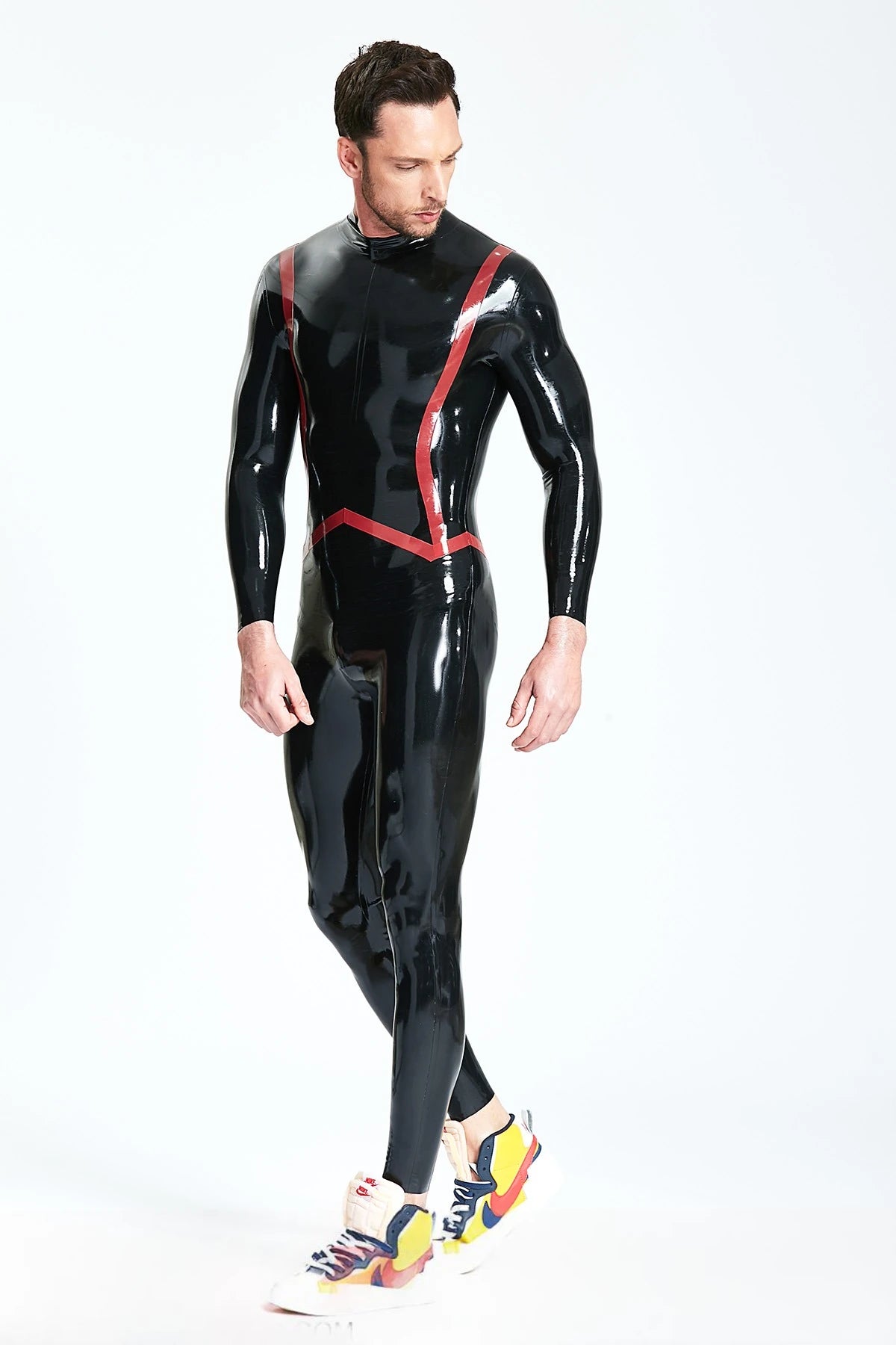Black, trim color is Red Male 'Fishtail' Stripe Latex Catsuit
