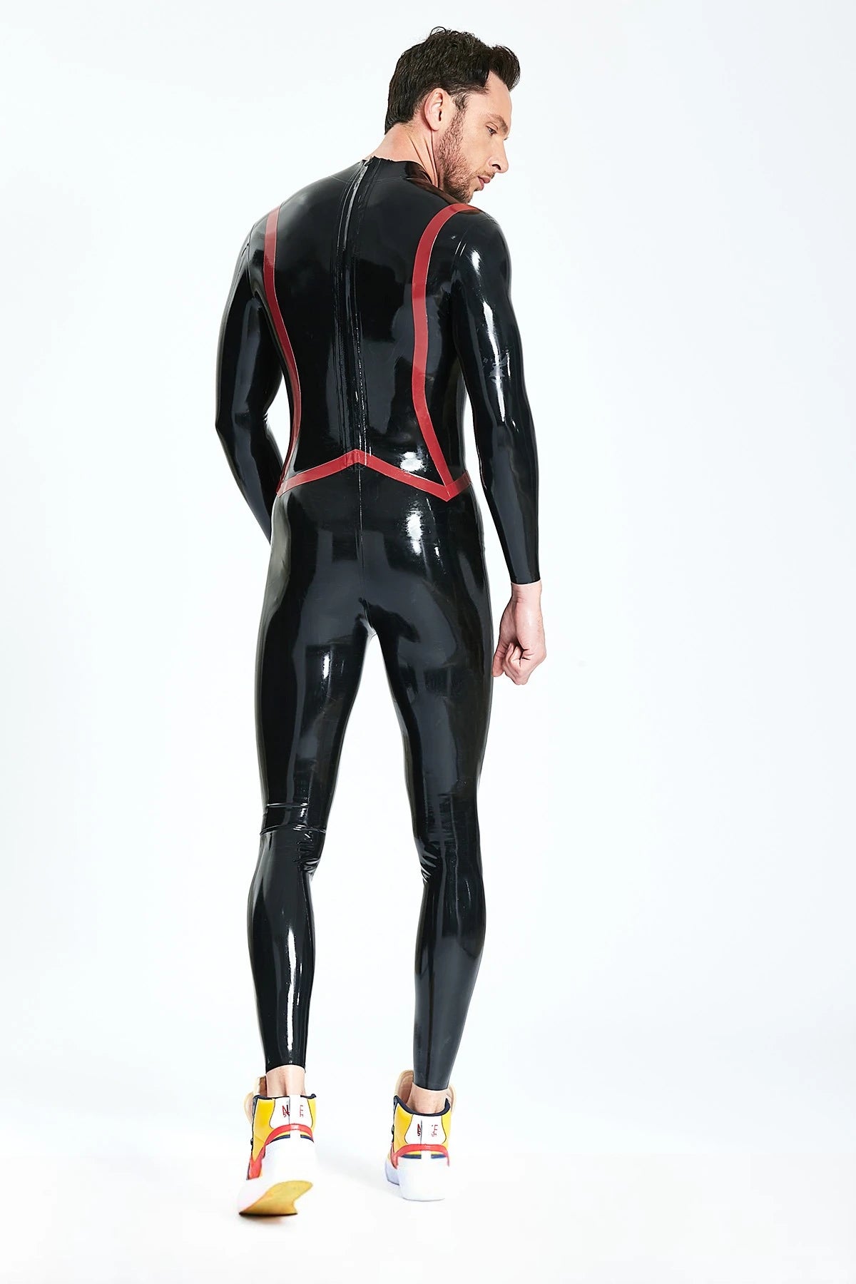 Black, trim color is Red Male 'Fishtail' Stripe Latex Catsuit