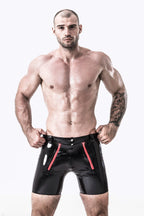 Black, trim color is Red Male Latex Front Double Zip Shorts