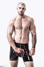 Black, trim color is Red Male Latex Front Double Zip Shorts