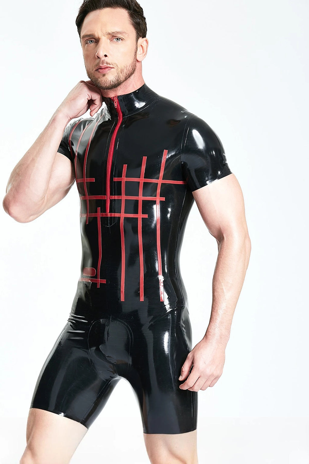 Black, trim color is Red Male Latex 'Grid-Lock' Surfsuit