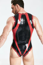 Black, trim color is Red Male Latex High-Cut Muscle Leotard