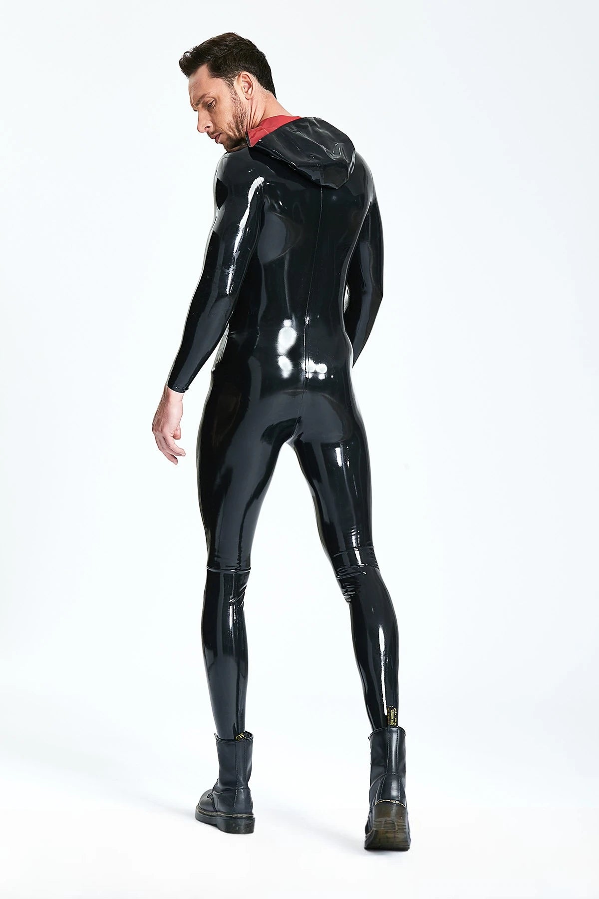 Black, trim color is Red Male 'Hooded Avenger' Latex Catsuit