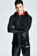 Black Male Hooded Windbreaker Latex Jacket