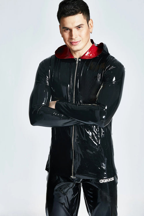 Black Male Hooded Windbreaker Latex Jacket