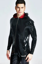 Black Male Hooded Windbreaker Latex Jacket