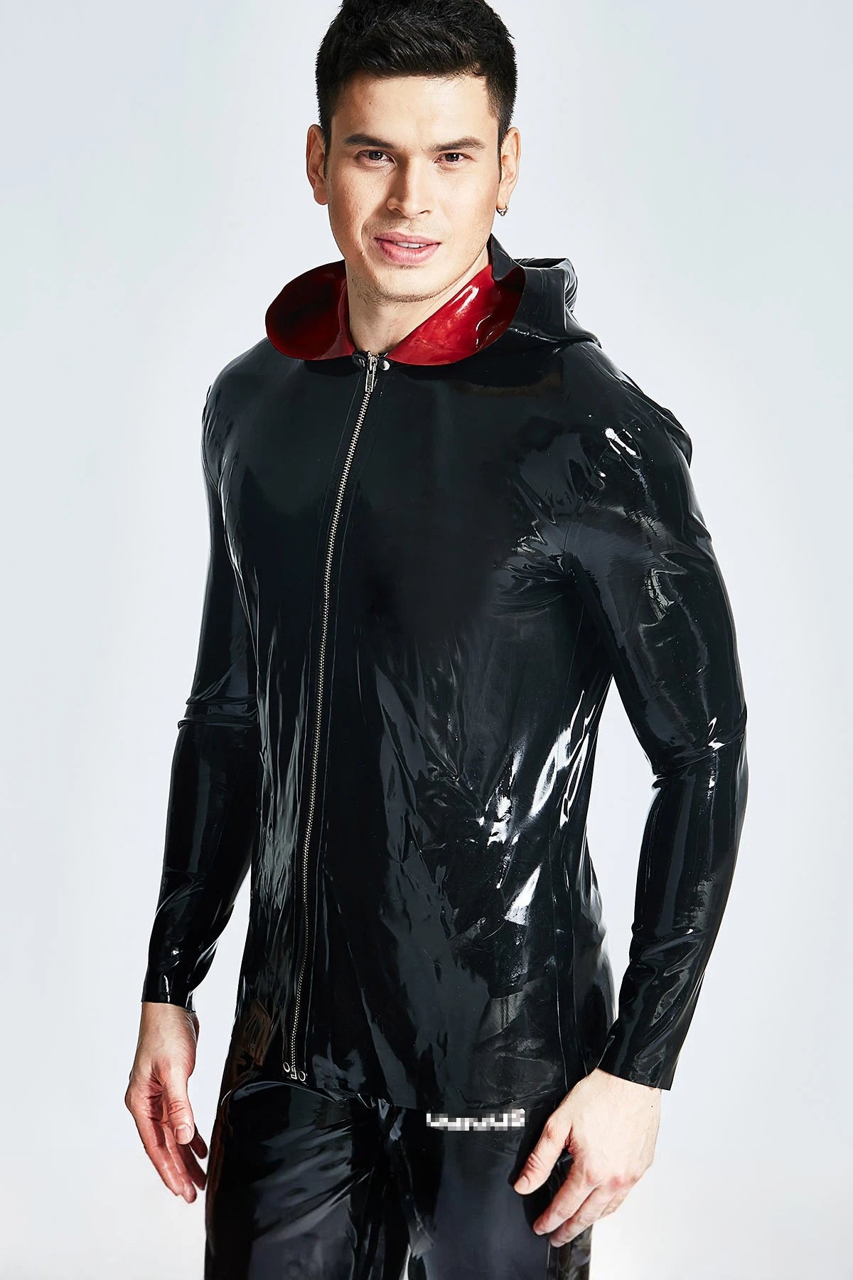 Black Male Hooded Windbreaker Latex Jacket