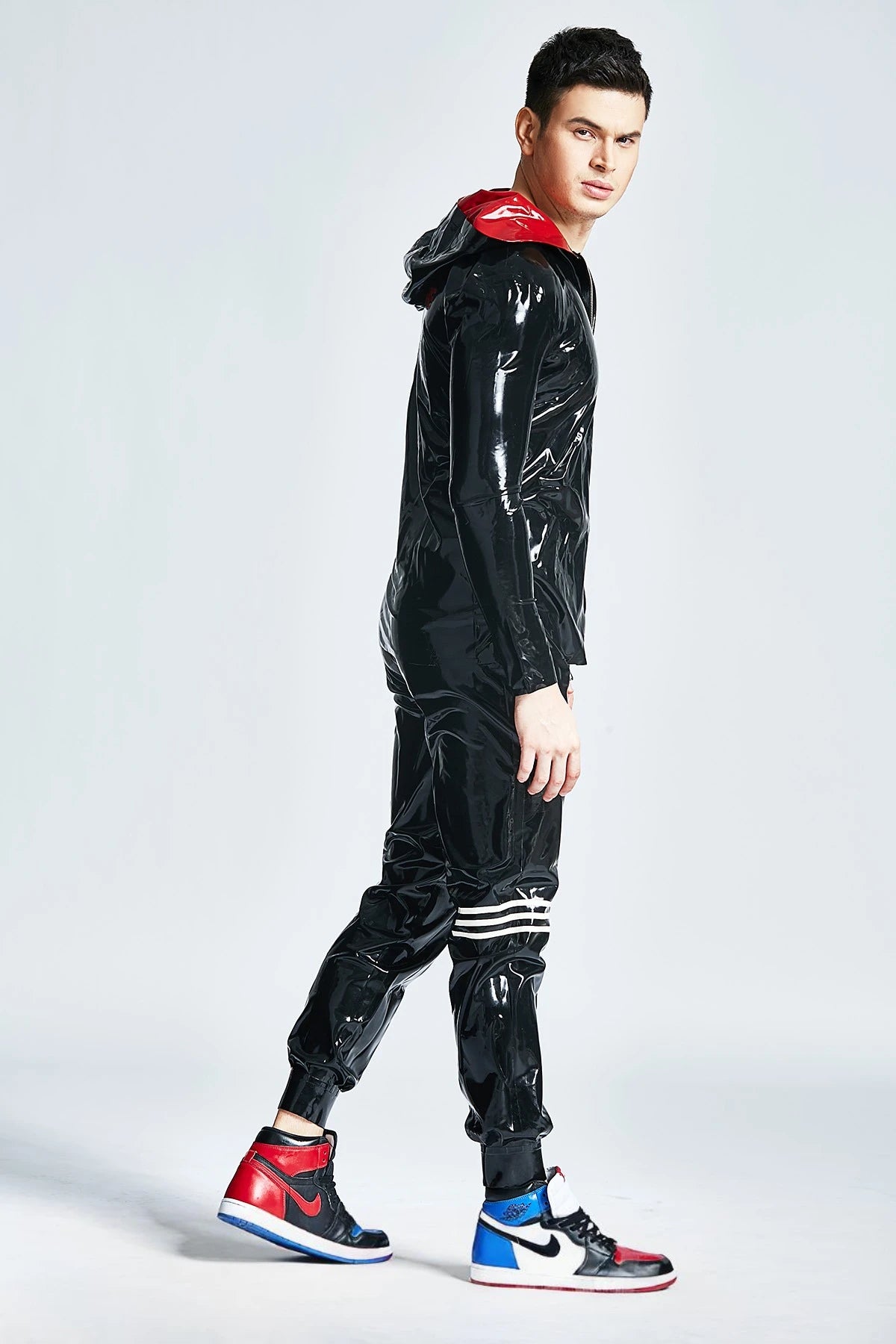 Black Male Hooded Windbreaker Latex Jacket