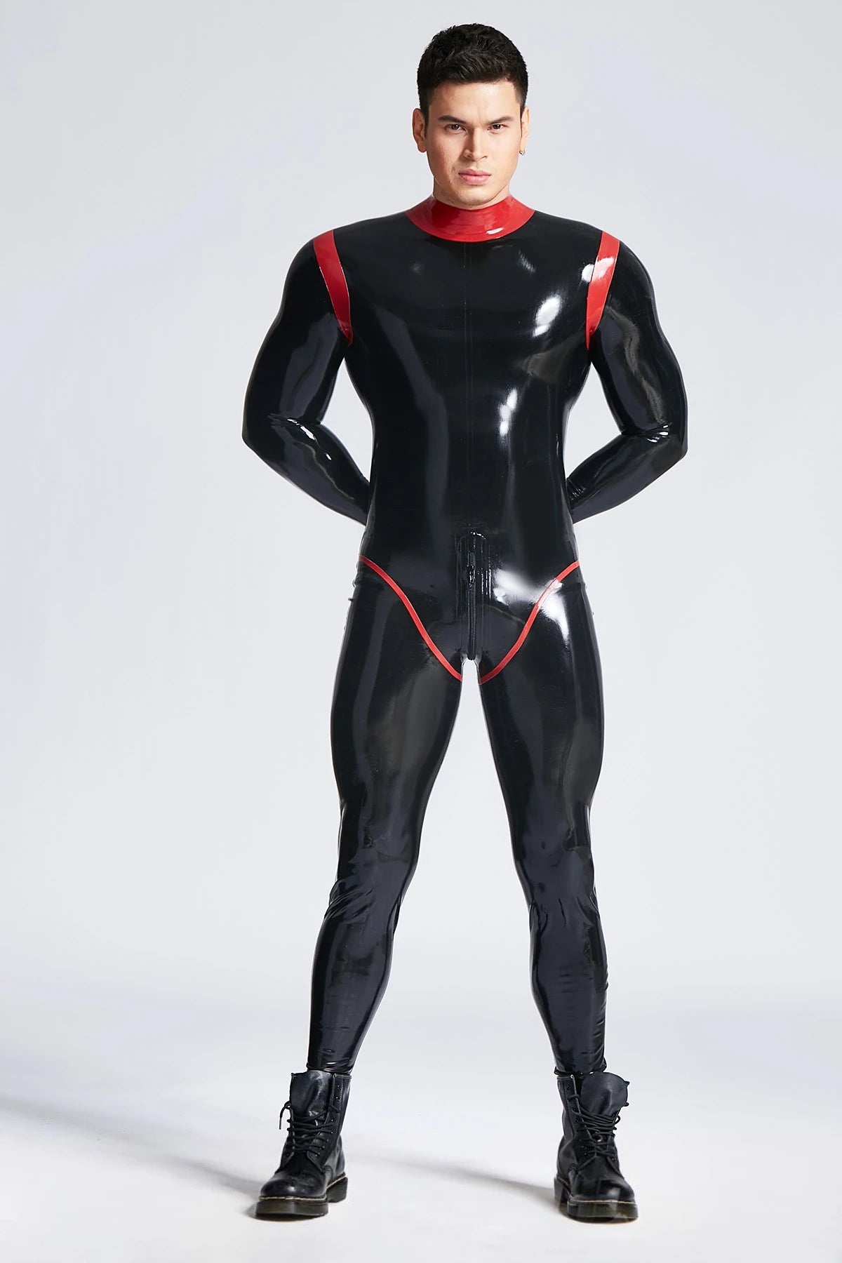 Black, trim color is Red Male 'Oberon' Latex Catsuit
