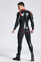 Black, trim color is Red Male 'Oberon' Latex Catsuit