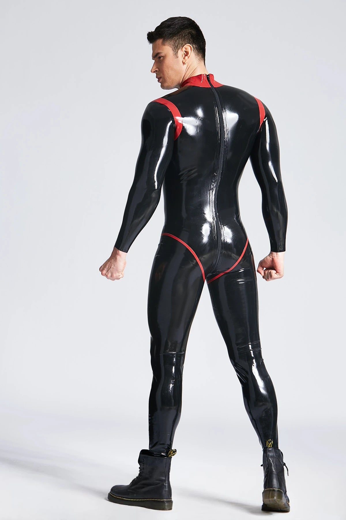 Black, trim color is Red Male 'Oberon' Latex Catsuit