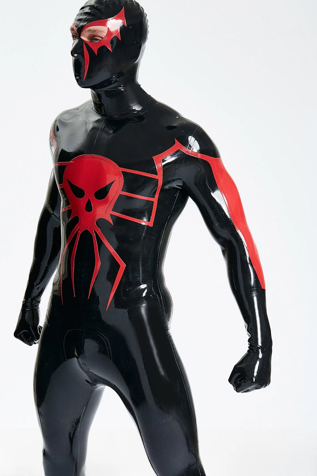 Black, trim color is Red Male 'Scarlet Spidey' Latex Catsuit