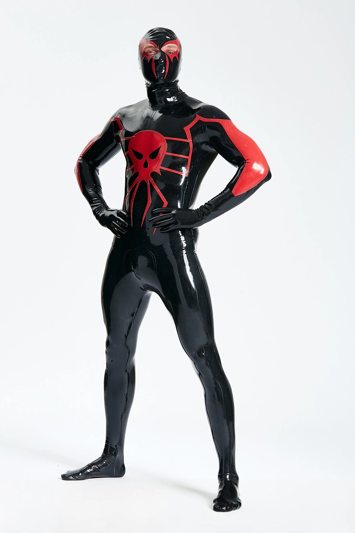 Black, trim color is Red Male 'Scarlet Spidey' Latex Catsuit