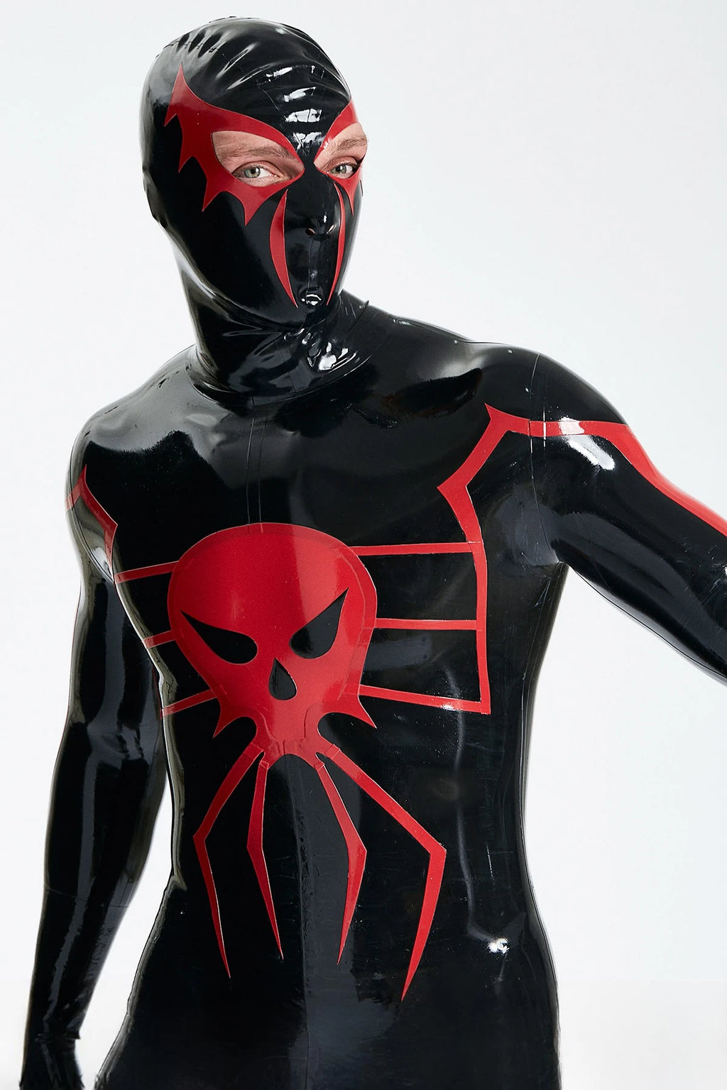 Black, trim color is Red Male 'Scarlet Spidey' Latex Catsuit