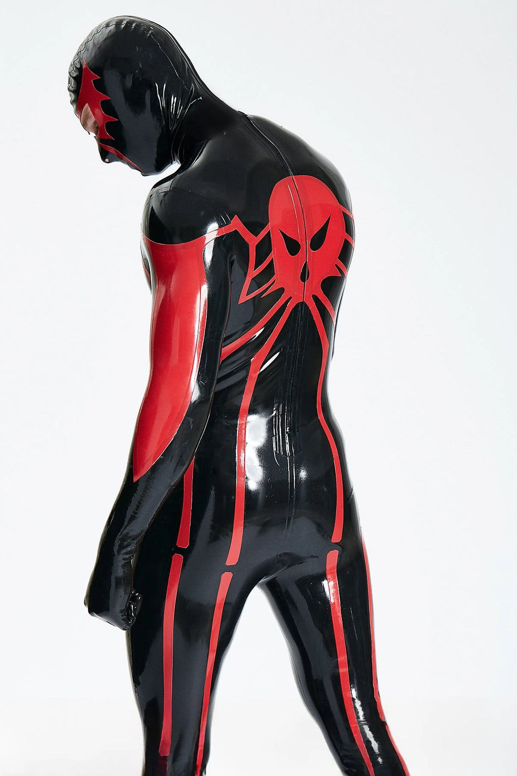 Black, trim color is Red Male 'Scarlet Spidey' Latex Catsuit