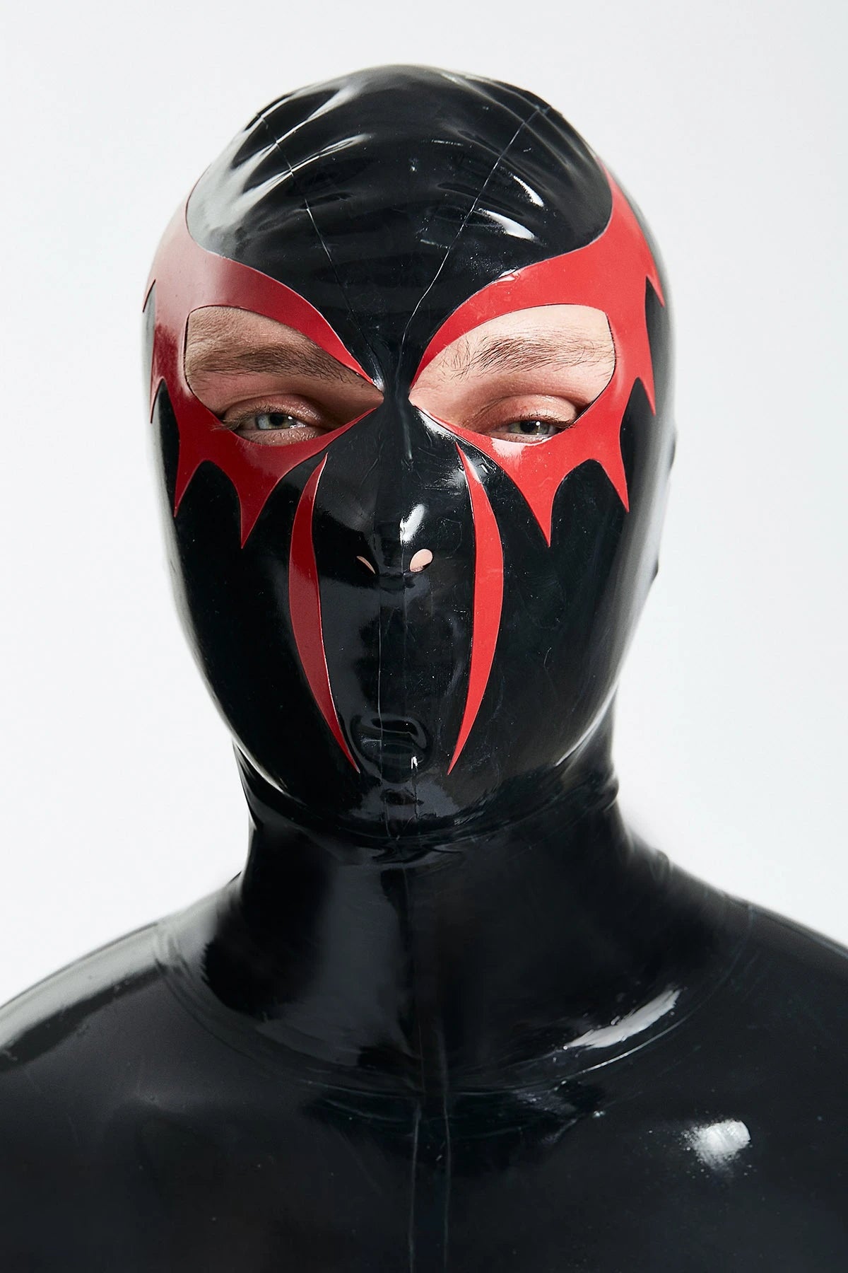 Black, trim color is Red Male 'Scarlet Spidey' Latex Catsuit