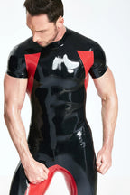 Black, trim color is Red Male Short-sleeved 'Sporty' Latex Catsuit
