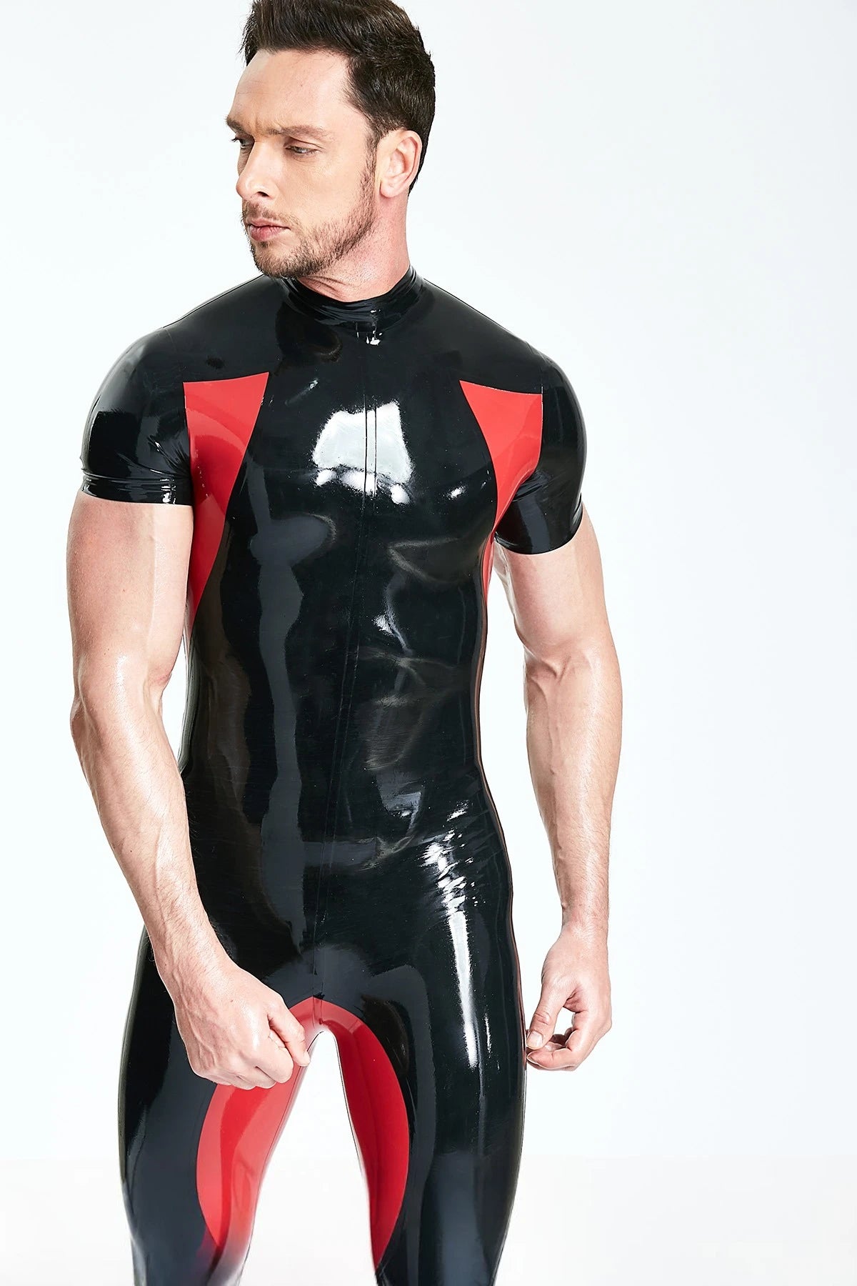 Black, trim color is Red Male Short-sleeved 'Sporty' Latex Catsuit