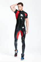 Black, trim color is Red Male Short-sleeved 'Sporty' Latex Catsuit