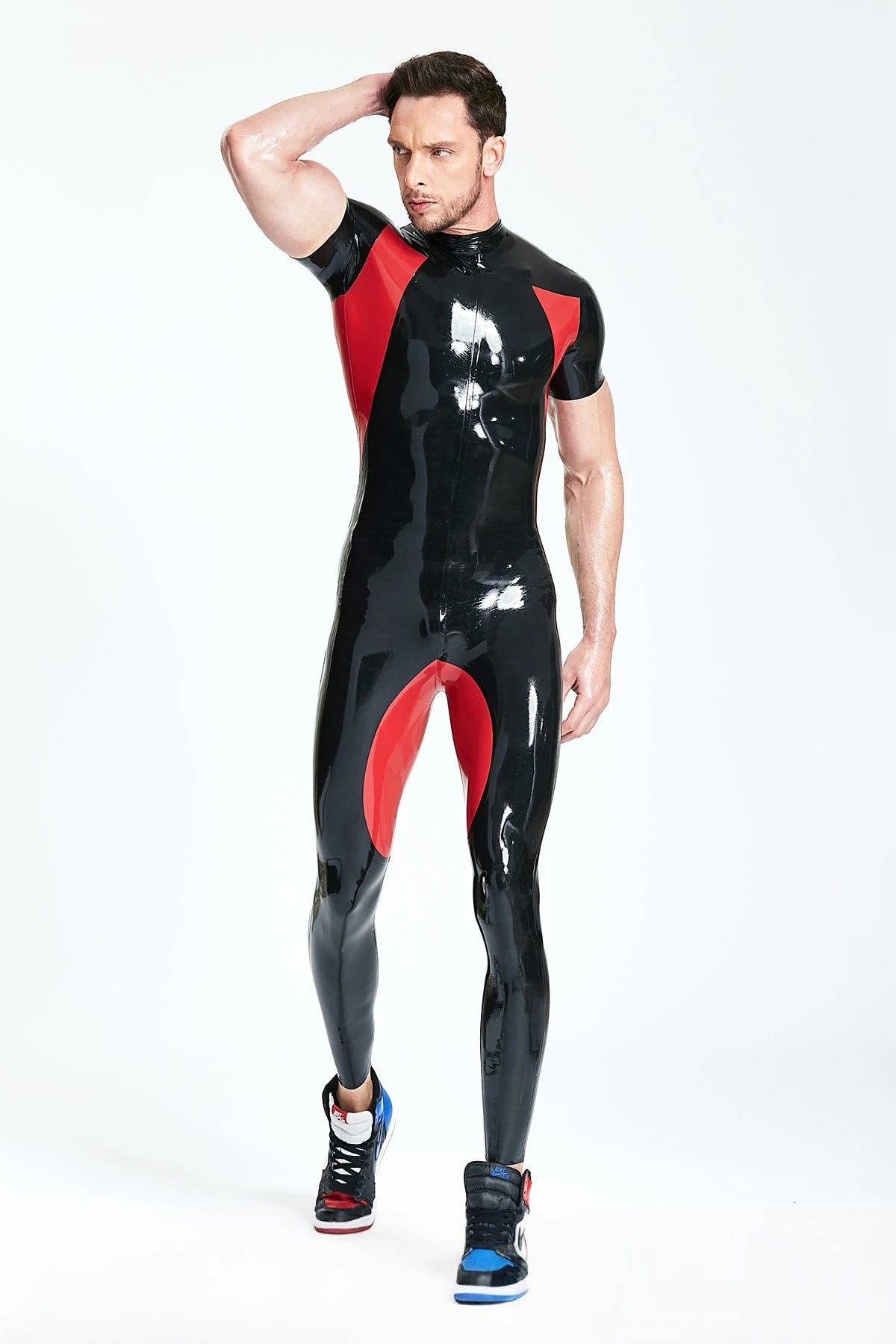 Black, trim color is Red Male Short-sleeved 'Sporty' Latex Catsuit