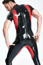 Black, trim color is Red Male Short-sleeved 'Sporty' Latex Catsuit