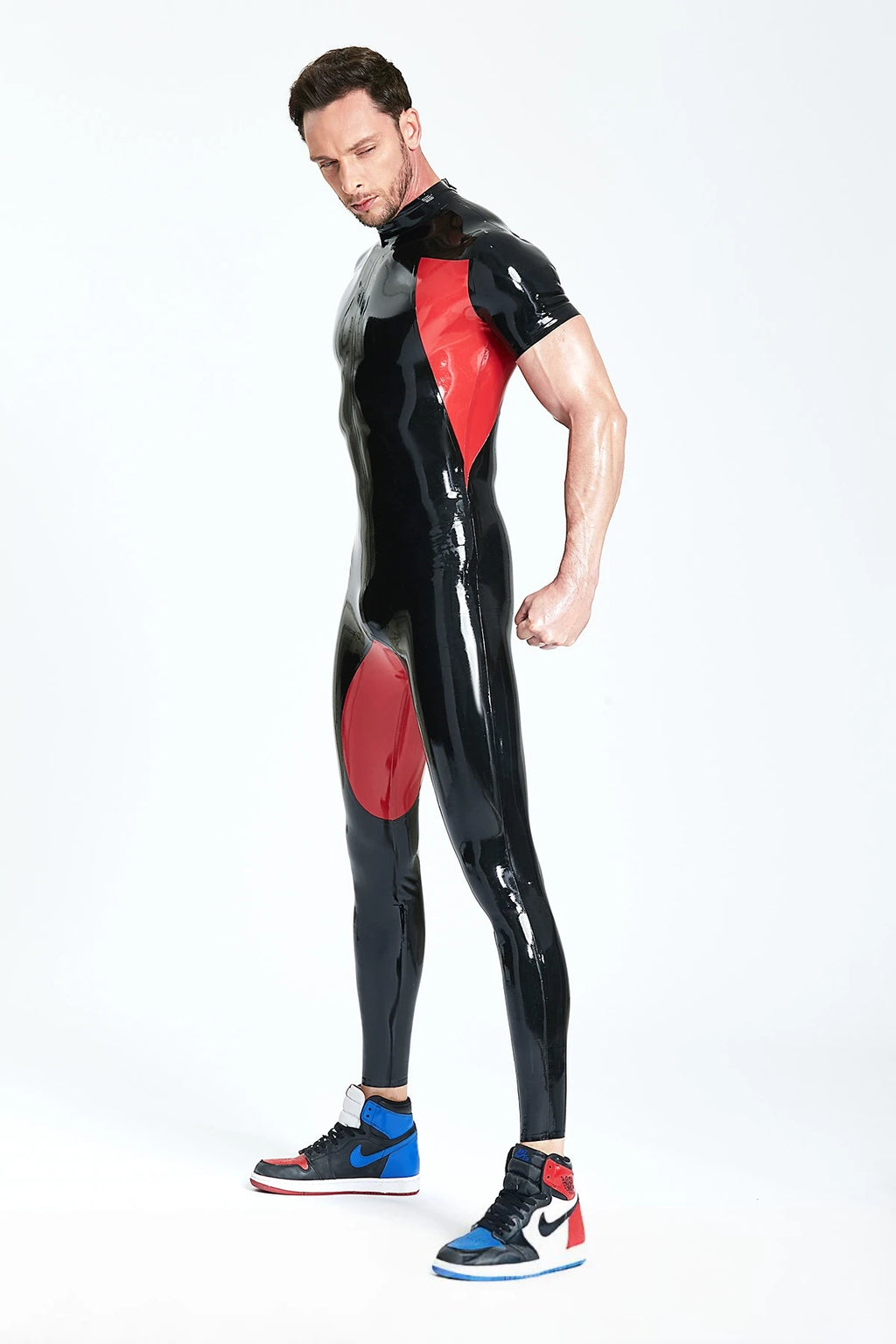 Black, trim color is Red Male Short-sleeved 'Sporty' Latex Catsuit