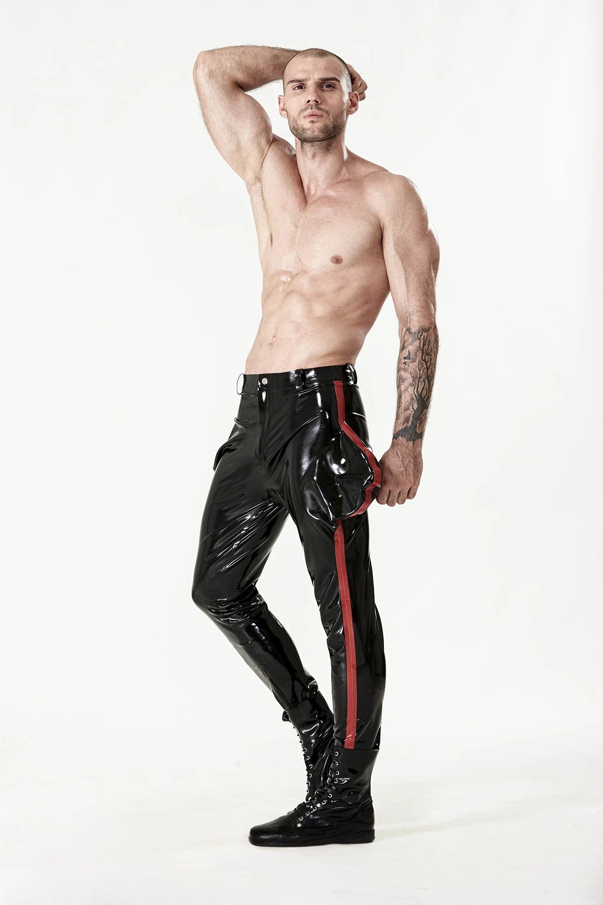 Black, trim color is Red Latex Male Side-Striped Jodhpurs