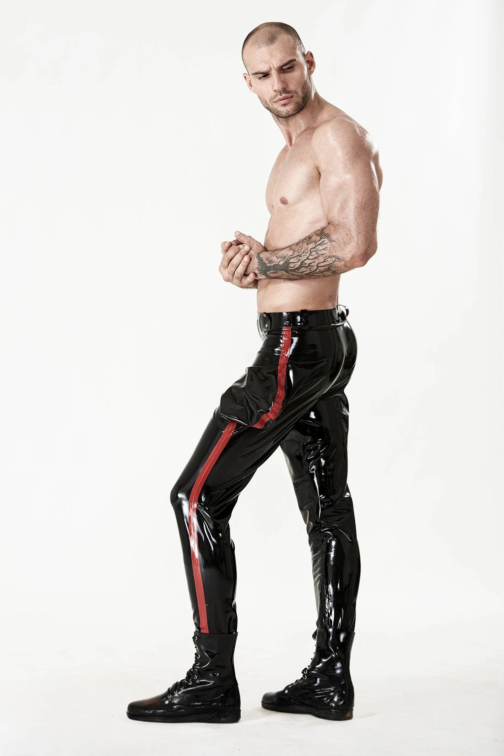Black, trim color is Red Latex Male Side-Striped Jodhpurs