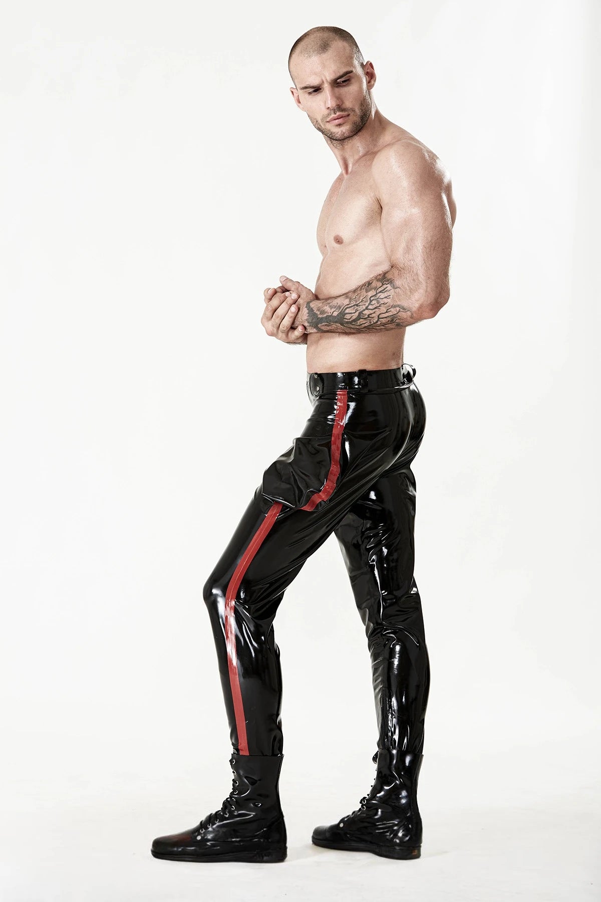 Black, trim color is Red Latex Male Side-Striped Jodhpurs