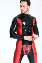 Black, trim color is Red Male 'Side-Swiper' Codpiece Latex Catsuit