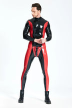 Black, trim color is Red Male 'Side-Swiper' Codpiece Latex Catsuit