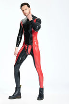 Black, trim color is Red Male 'Side-Swiper' Codpiece Latex Catsuit