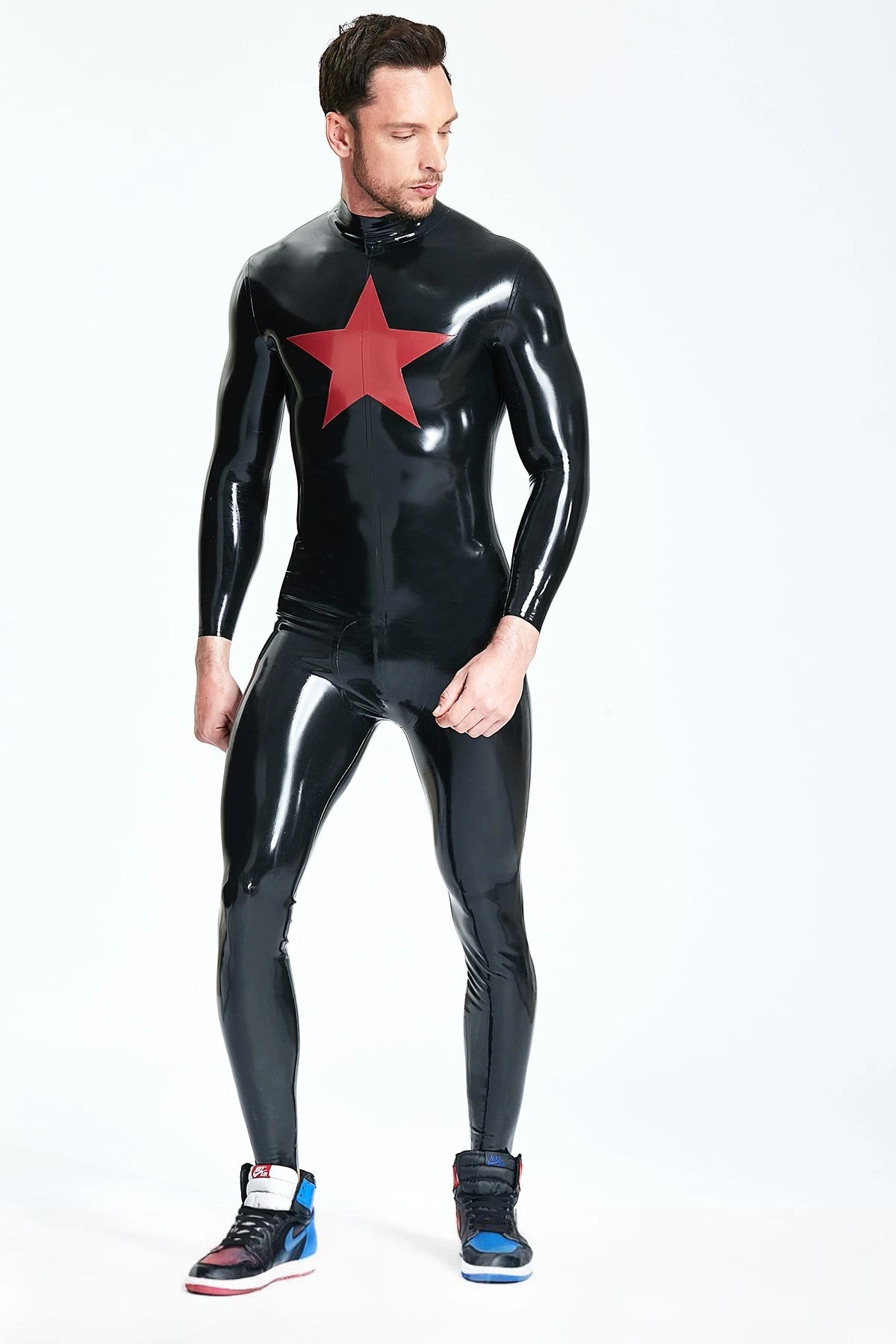 Black, trim color is Red Male 'Star-Struck' Latex Catsuit