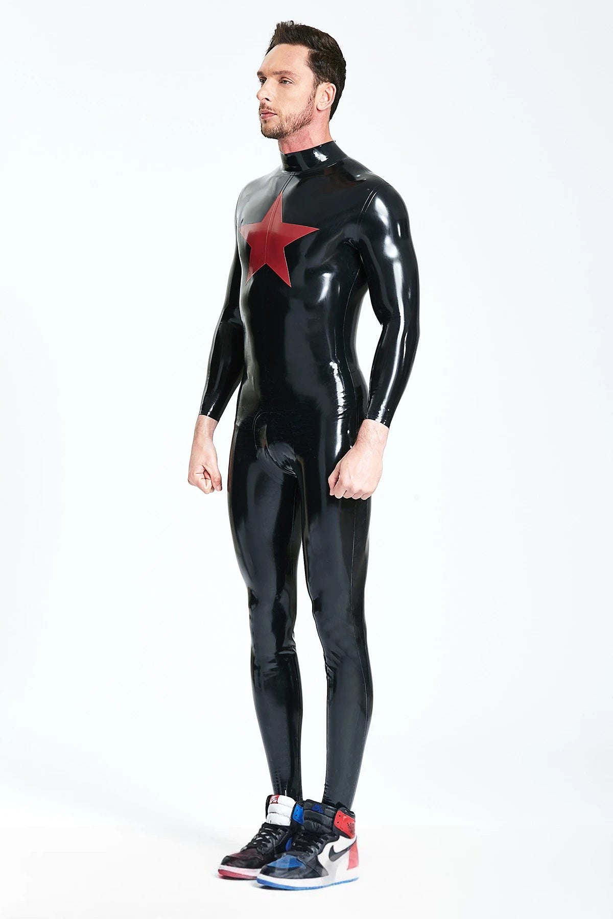 Black, trim color is Red Male 'Star-Struck' Latex Catsuit