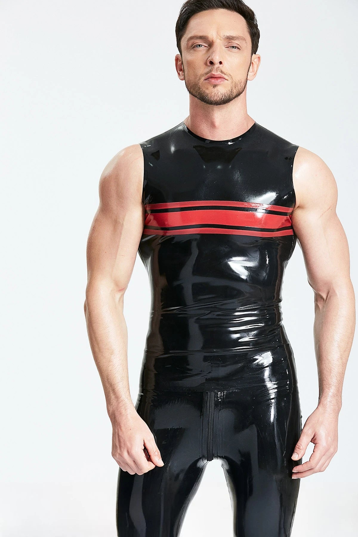 Black, trim color is Red Latex Male Striped Chest Tank Top