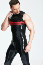 Black, trim color is Red Latex Male Striped Chest Tank Top