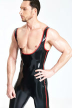 Black, trim color is Red Male 'The Poser' Singlet-Top Latex Catsuit