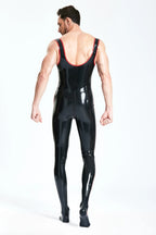Black, trim color is Red Male 'The Poser' Singlet-Top Latex Catsuit