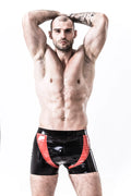 Black, trim color is Red Male 'U-Curve' Latex Shorts